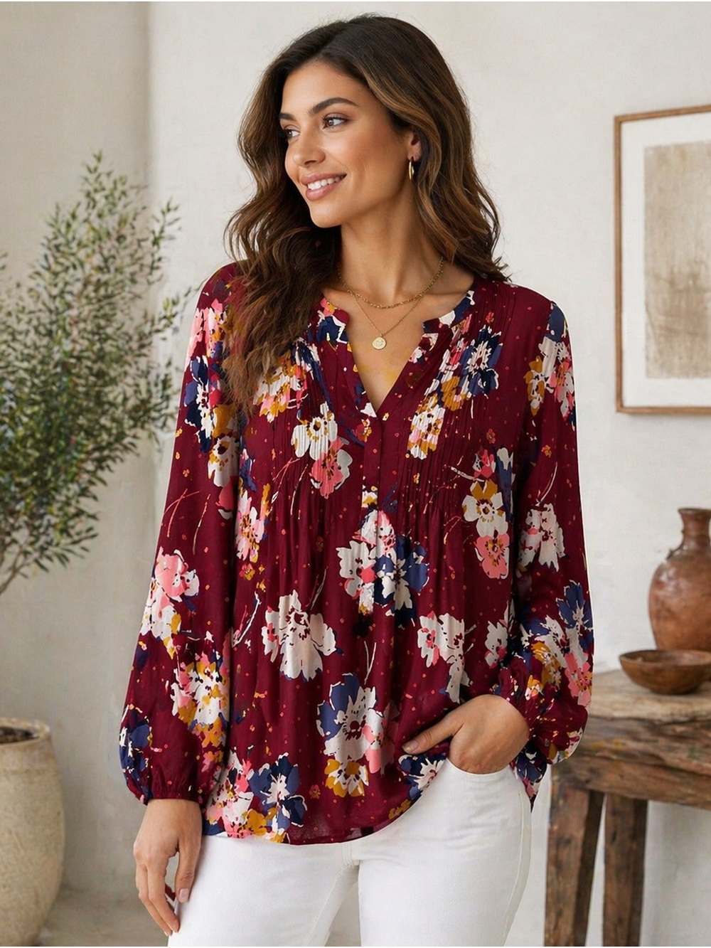 Old Navy Burgundy Floral V-Neck Blouse